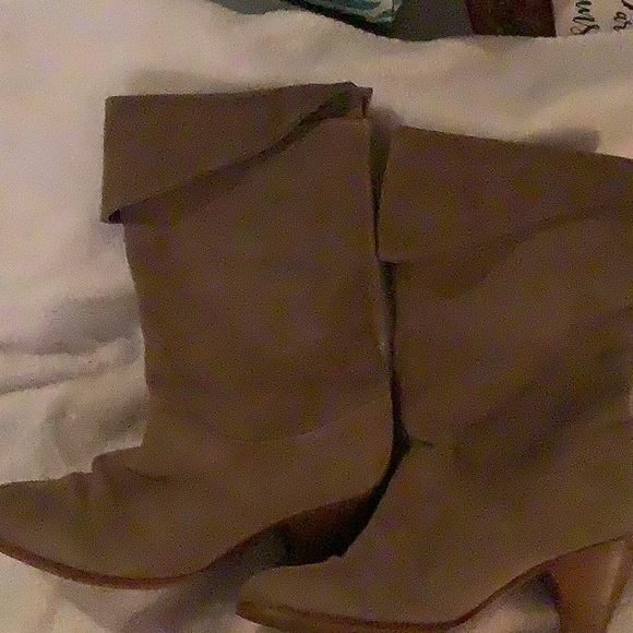 Frye Shoes - Vintage Frye Fold Over Suede Heeled Boots Mid Calf Brown Size 8.5 Wood Heel